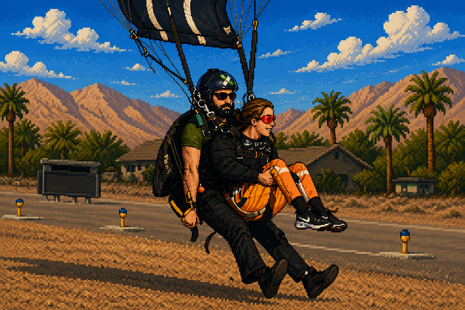 Pixel-art of Tarik landing a tandem skydive with a passenger
