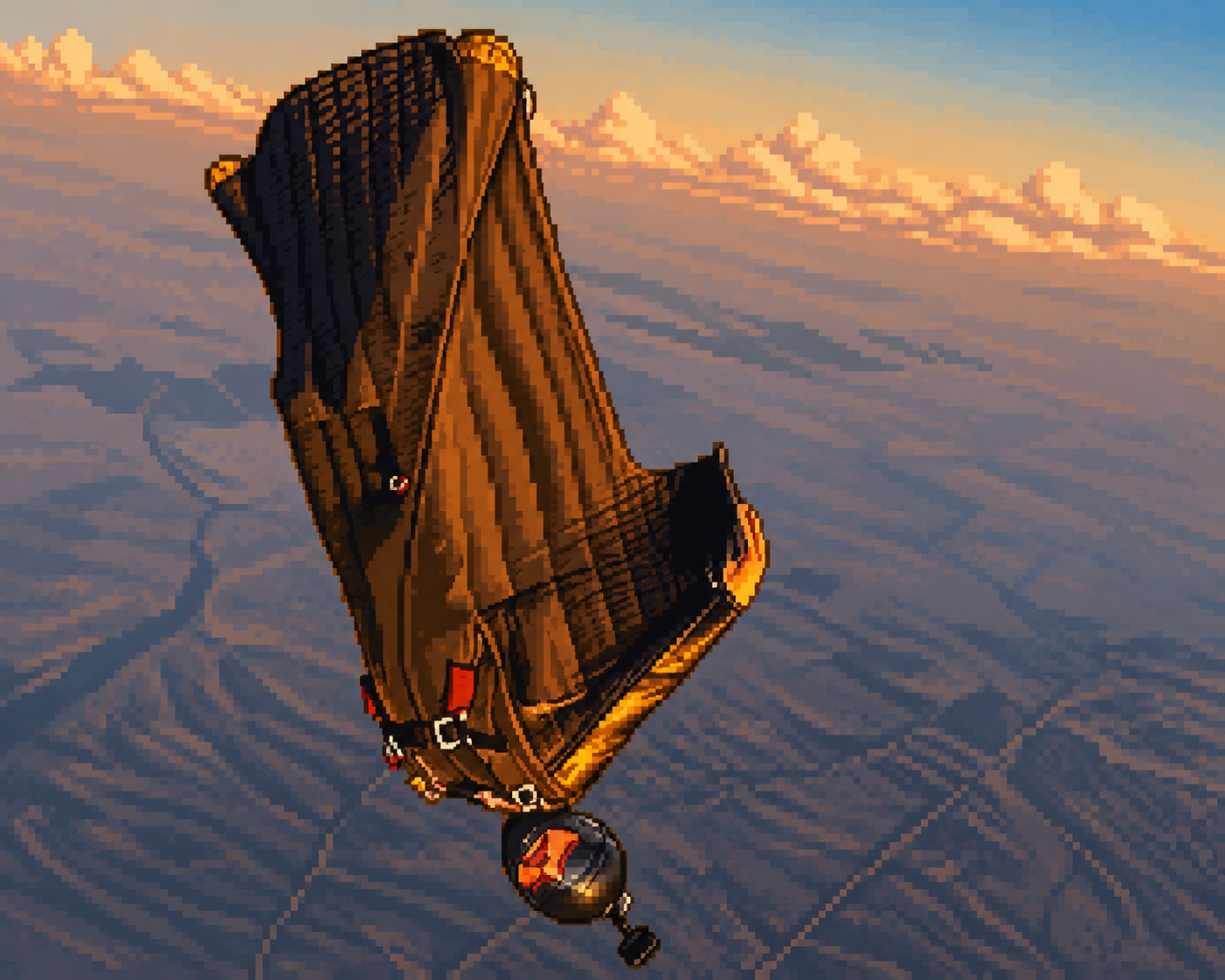Pixel-art skydiver under canopy over a desert landscape at sunset